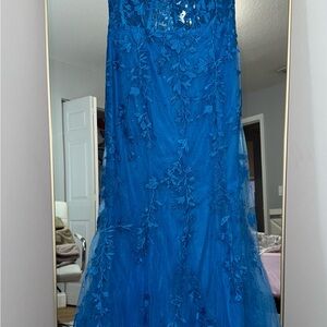 Elegant Blue Floral Lace Gown